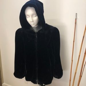 hood plush thick black velvet faux fur dressy coat